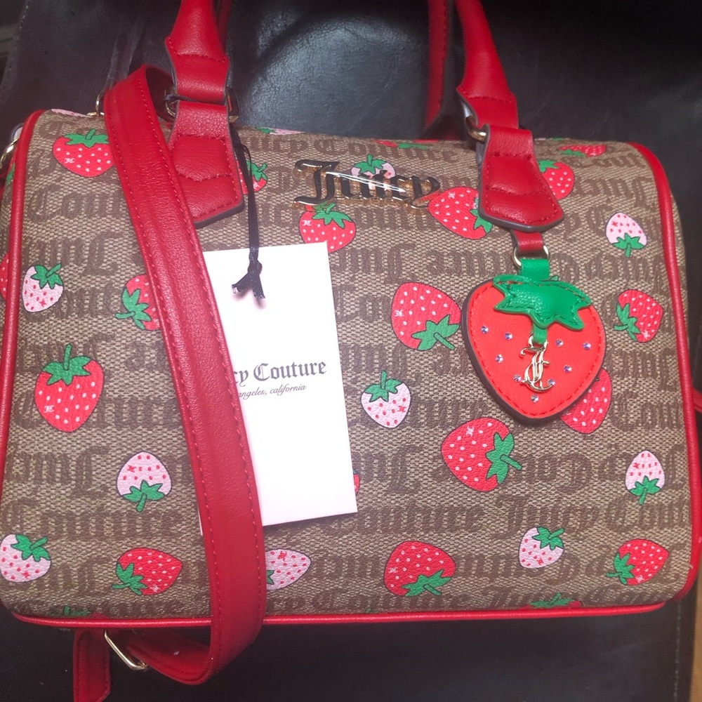 Juicy Couture Brown and Red Satchel with Strawberry Print